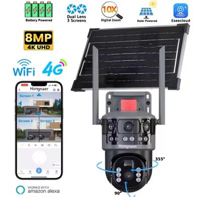 8MP 4K 2 Lenses Wireless WiFi/4G Solar PTZ WiFi Outdoor Eseecloud Security 4G Sim Card Surveillance CCTV Solar Camera